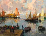 Paul Émile Lecomte, French harbor, oil on canvas