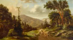 Meyer Straus, Landscape with figures and cattle on a road, 1876, oil on canvas