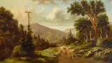 Meyer Straus, Landscape with figures and cattle on a road, 1876, oil on canvas