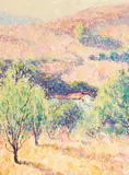 William Clapp, Farmhouse and orchard, oil on Masonite