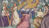 Clark Hobart, Women playing music, Portrait, Coastal landscape and Landscape with oak trees (a group of four), two oil on canvas, two oil on board