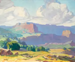 Maurice Del Mue, Storm Clouds; Farm nestled in the hills (a group of two), 1933, Storm signed and dated 'Del Mue / -33-' (lower left) and titled (on the stretcher bars); Farm signed and dated 'M DEL MUE / -28-' (lower right)