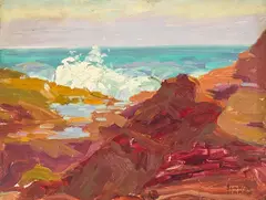 Coastal waves breaking by Sam Hyde Harris, oil on board, sold Dec 2021