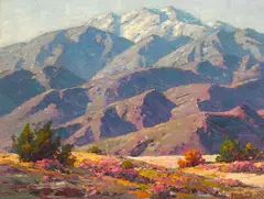 Mountains and spring flowers by Paul Grimm, oil on board, sold Dec 2021