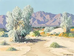 Carl Sammons, Smoke Trees, Palm Springs, oil on canvasboard