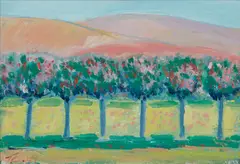 Thomas Kenneth Enman, Arch Beach Heights, Laguna Beach, Point Lobos, California and Flowering Trees (a group of three), 1989, Arch Beach and Point Lobos oil on canvas; Flowering Trees oil on canvasboard