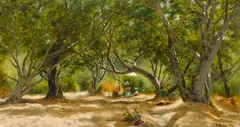 Thaddeus Welch, Ludmilla sketching in the woods beside their child, 1902, oil on canvas