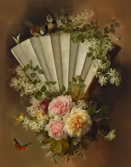 Roses and blossoms with fan, butterflies and birds by Paul de Longpré, oil on canvas laid to board, offered Nov 2021