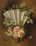 Paul de Longpré, Roses and blossoms with fan, butterflies and birds, oil on canvas laid to board
