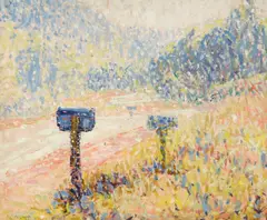 Mailboxes by William Clapp, 1936, oil on board, sold Nov 2021
