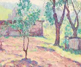 William Clapp, Bunkhouse behind the trees, 1940, oil on Masonite