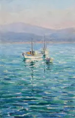 Lillie May Nicholson, Three boats in Monterey Bay, 1922, oil on board