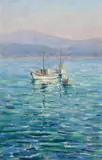 Lillie May Nicholson, Three boats in Monterey Bay, 1922, oil on board