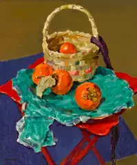 Clarence K. Hinkle, Persimmons and Basket, 1945, oil on Masonite