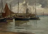 Anna Althea Hills, Harbored boats on a stormy day, 1910, oil on canvas affixed to board