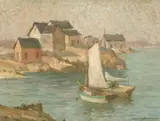 Maurice Braun, Two sailboats by a fishing village, oil on board