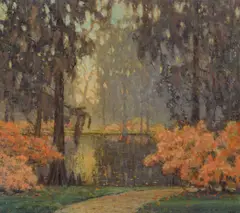 The Twilight Hour (Garden of Dreams) by William Posey Silva, 1937, oil on canvas affixed to board, sold Nov 2021
