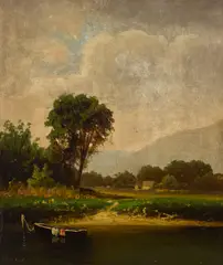 William Lewis Marple, Boat at rest with farmhouse in the distance, near Sacramento, oil on board