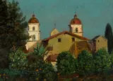 Theodore Wores, The Mission Church, Santa Barbara, oil on board