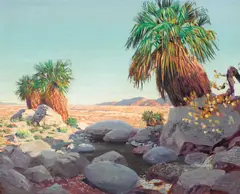 Palm trees and shadows by Conrad Buff, oil on board, sold Nov 2021