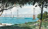 James March Phillips, A View of the Bay Bridge, Looking Toward San Francisco from Clipper Cove Beach on Yerba Buena Island, watercolor on paper