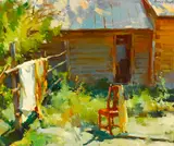 Sergei Bongart, Red Chair & Shawls, circa 1983, oil on canvas