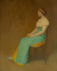 Arthur Frank Mathews, Study of a Lady in Ochre Seated with Green Dress, circa 1890, oil on canvas