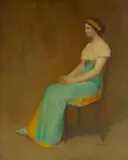 Arthur Frank Mathews, Study of a Lady in Ochre Seated with Green Dress, circa 1890, oil on canvas