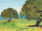 Lillie May Nicholson, Oak Trees, Pacific Grove, oil on board