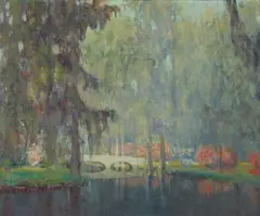The Bridge in the Garden of Dreams by William Posey Silva, 1924, oil on canvas affixed to board, sold Aug 2021