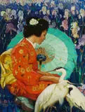 Maurice Logan, Portrait of a Japanese Woman in an Iris Garden, oil on canvas affixed to board