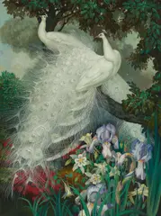 Jessie Arms Botke, White Peacocks and Iris, oil on Masonite