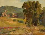 Franz Bischoff, Trees in the Hills with a Patch of Blooming Flowers