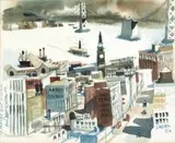 Dong Kingman, View of Ferry Building with Bay Bridge in the Distance, San Francisco, circa 1949, watercolor on paper