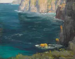 Cliffs by the Sea by William Posey Silva, oil on canvas affixed to board, sold Apr 2021