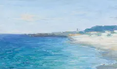 Asilomar Beach, Pacific Grove (Pino Lighthouse) by Lillie May Nicholson, circa 1923-1933, oil on board, sold Apr 2021
