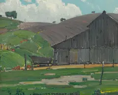 Grey Barn by William Wendt, 1923, oil on canvas affixed to Masonite, sold Apr 2021
