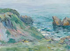 Lillie May Nicholson, Colorful Precipice on Left: Rocks on Coast, oil on board