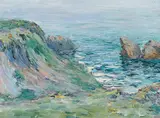 Lillie May Nicholson, Colorful Precipice on Left: Rocks on Coast, oil on board