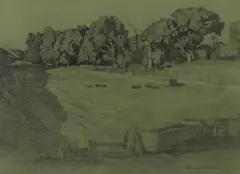 Francis McComas, Farm pasture, pencil on green paper
