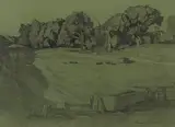 Francis McComas, Farm pasture, pencil on green paper