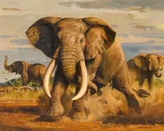 Elephants in the African Veldt by Bob Kuhn, 1962, acrylic on Masonite, sold Feb 2021