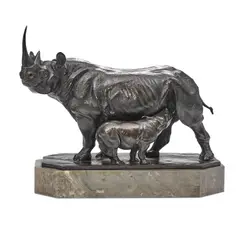 Josef Pallenberg, Square-lipped Rhinoceros with Young One, Standing, bronze with reddish brown patina