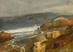 Albert Bierstadt, Pacific Coast, Cal. or View toward Point Bonita Lighthouse, oil on card laid down to canvas