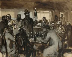 George Luks, Men of the Auld Palestine Sod at Sweeney's Near Houston Street, circa 1933, oil en grisaille on canvasboard