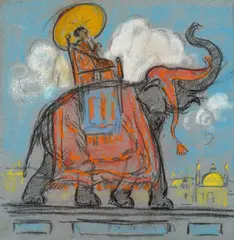 Gifford Beal, Riding the Elephant, circa 1925, pastel on blue paper