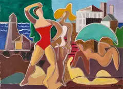Joseph Lambert Cain, Bathers and Landscape: A Double-Sided Work, oil on Masonite