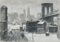 Everett Shinn, Fulton Ferry, Brooklyn Bridge, 1942, pastel on paper
