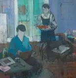John Heliker, Young Printmakers, 1982, oil on canvas