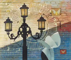Venetian Lamp by Robert Vickrey, 2003, egg tempera on gesso panel, sold May 2021